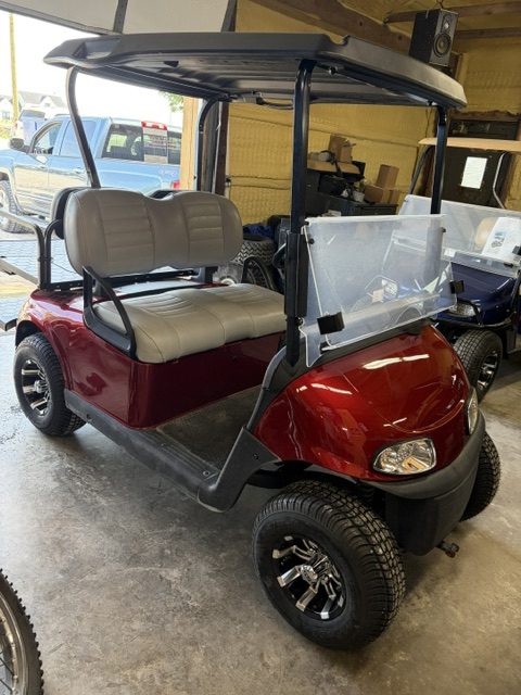 2023 LITHIUM BATTERY EZGO INFERNO RED 4 SEATER RXV ELITE GOLF CART NEW BODY, LED LIGHTS, REAR FLIPSEAT ,TIRES & WHEELS W/ BATTERY WARRANTY FROM EZGO TILL SUMMER 2031 5 YEARS